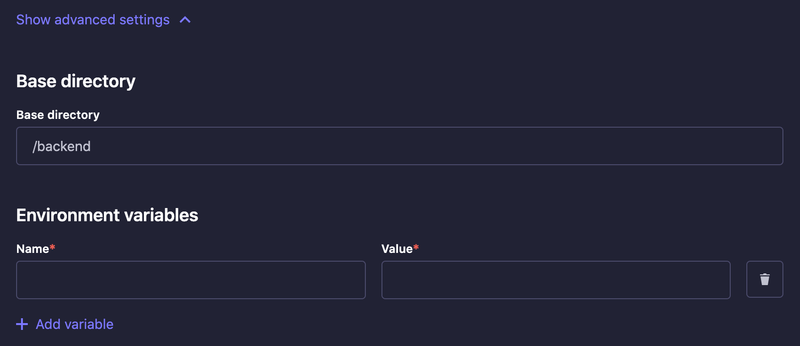 Project creation advanced settings